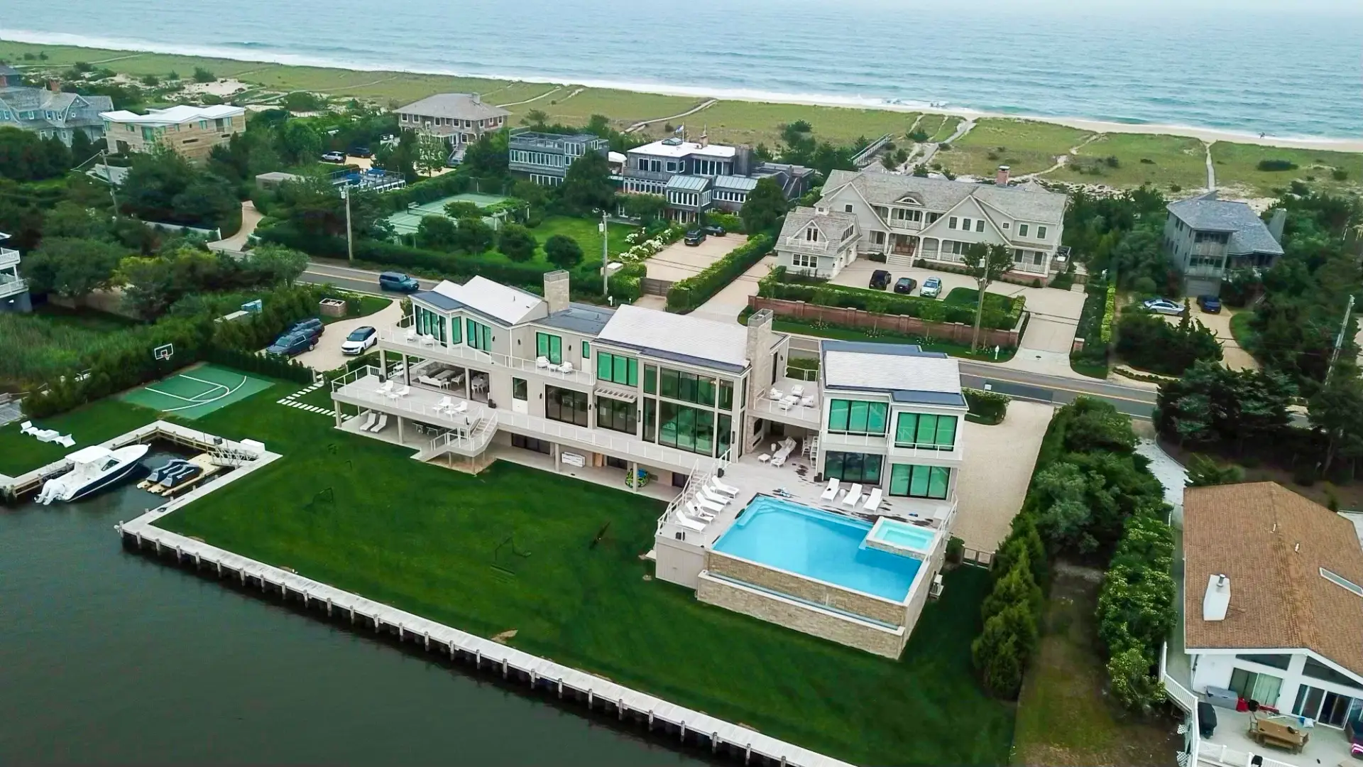 Aerial view of a waterfront estate in the Hamptons, Long Island, New York
